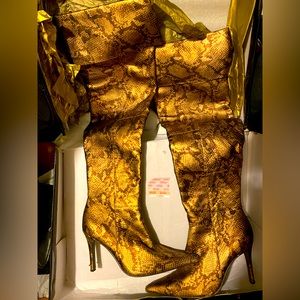 Bronze/ gold knee high snakeskin print boot
